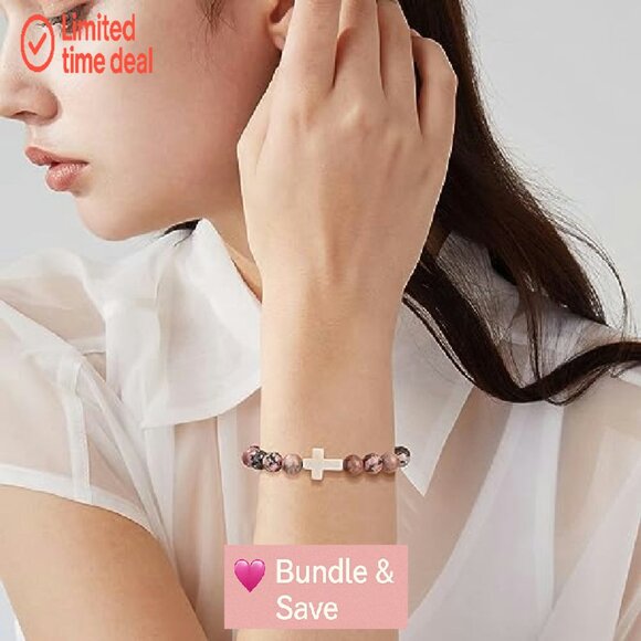 Christian Cross Stretch Bracelet Natural Stone Beads Faith Jewelry Gift - Picture 3 of 8